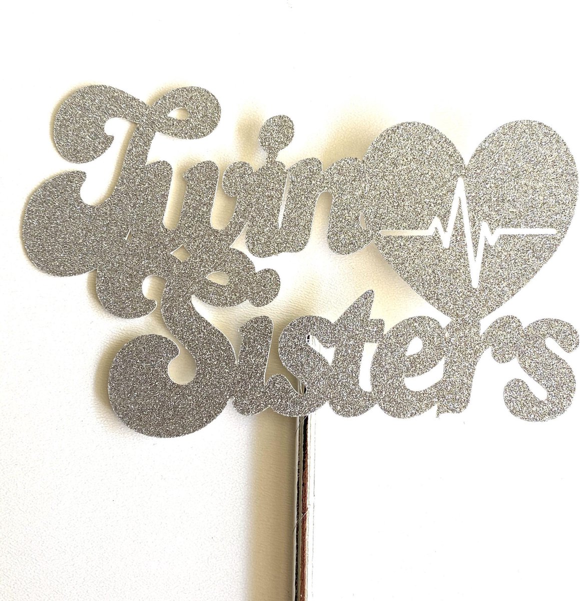 Taarttopper| Cake topper| Baby | Twin Sisters| Zilver glitter|14 cm| karton